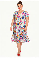 V‑Ausschnitt Kleid (Große Größen) Mit Muster — Ecru