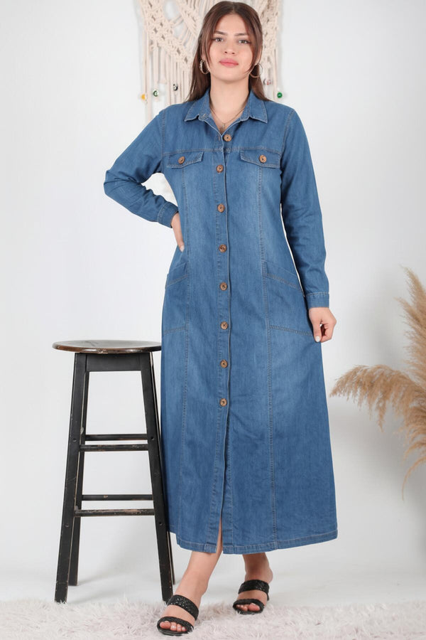 Plus‑Size Denimjurk Met Nepzakdetail, Denim