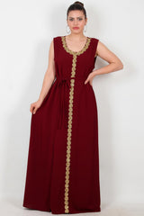 Bordeaux Satin - Kaftan Mit Goldener Stickerei