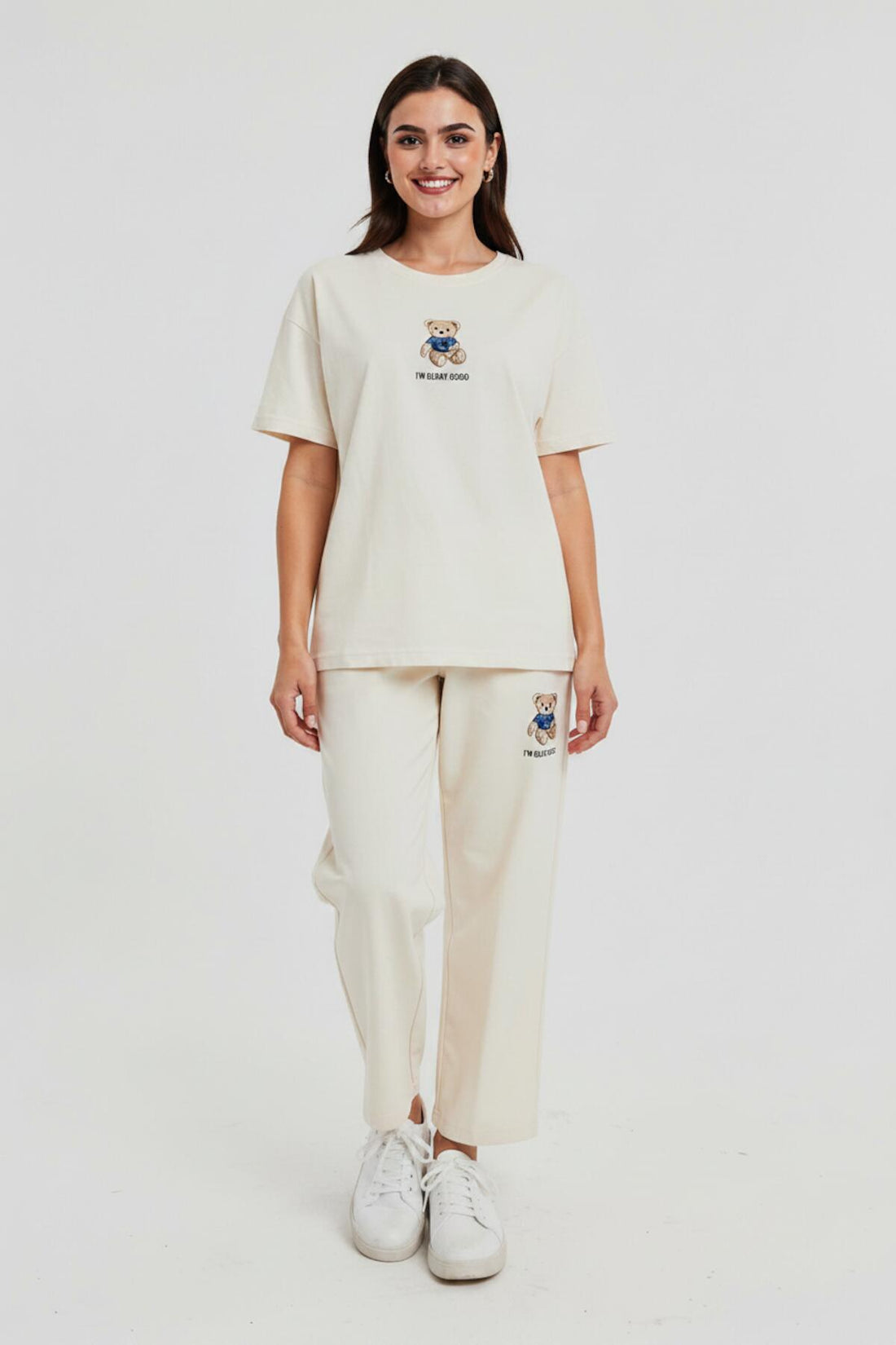 Ecru T‑Shirtset Met Berenborduursel