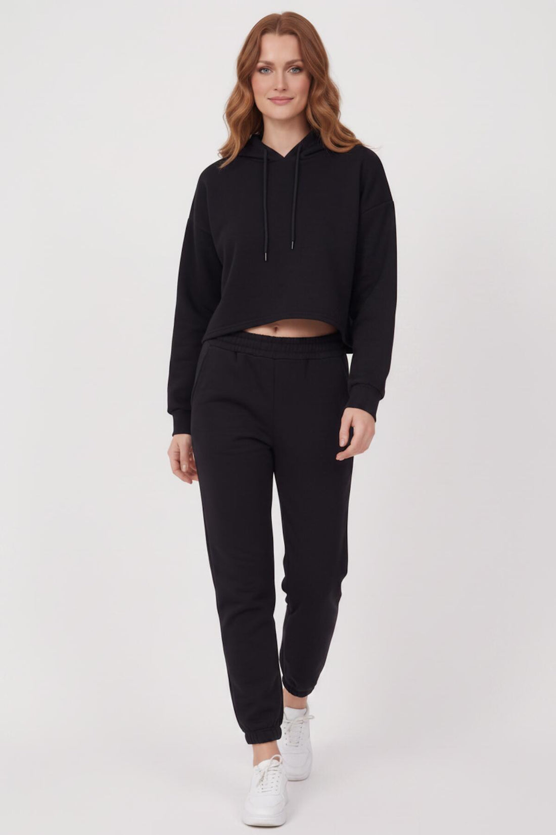 Drie‑Draad Cropped Hooded Trainingspak — Zwart