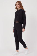 Drie‑Draad Cropped Hooded Trainingspak — Zwart