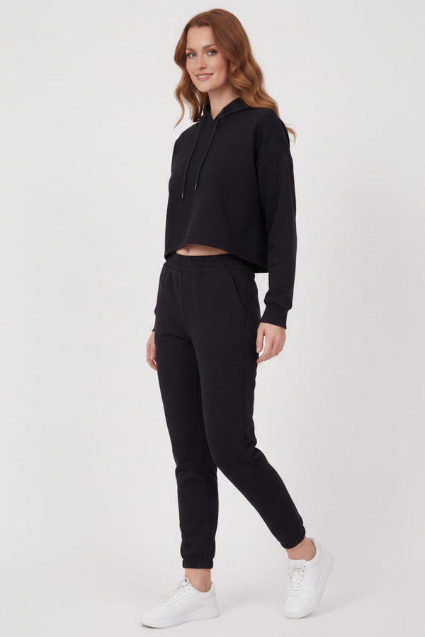 Drie‑Draad Cropped Hooded Trainingspak — Zwart
