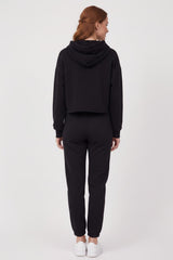Drie‑Draad Cropped Hooded Trainingspak — Zwart