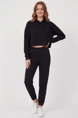 Drie‑Draad Cropped Hooded Trainingspak — Zwart