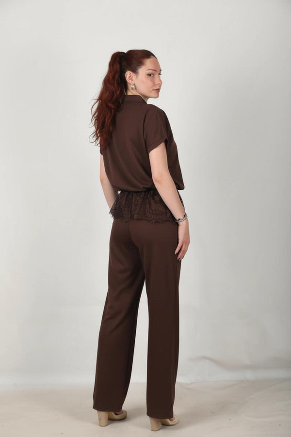 Shirtset Met Kanten Zoom En Wijde Pijpen, Bruin