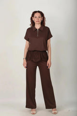 Shirtset Met Kanten Zoom En Wijde Pijpen, Bruin