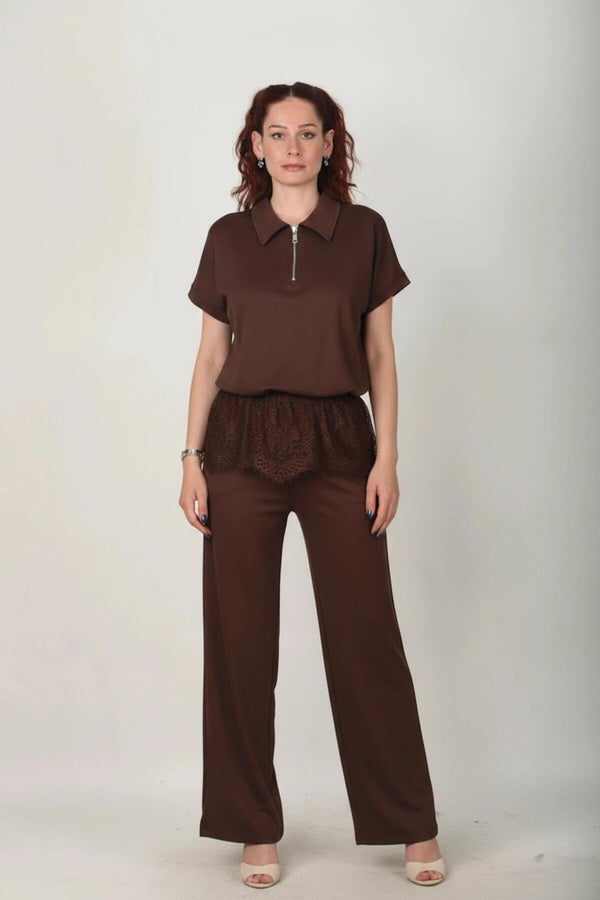 Shirtset Met Kanten Zoom En Wijde Pijpen, Bruin