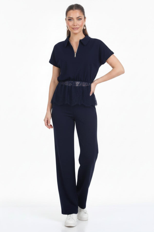 Polokraag Set Met Kanten Peplum — Donkerblauw