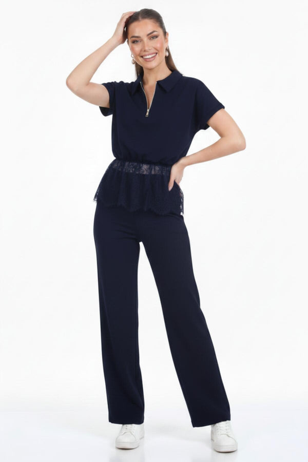 Polokraag Set Met Kanten Peplum — Donkerblauw