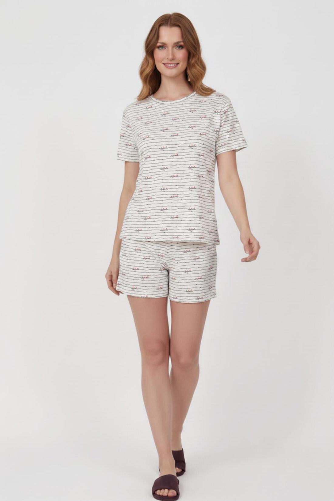 Dames Pyjama - Set Met Korte Mouwen, Gemusterd — Ecru