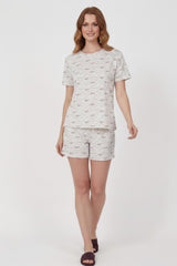 Dames Pyjama - Set Met Korte Mouwen, Gemusterd — Ecru