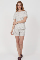 Dames Pyjama - Set Met Korte Mouwen, Gemusterd — Ecru