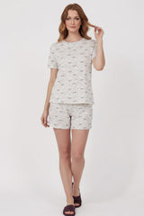 Dames Pyjama - Set Met Korte Mouwen, Gemusterd — Ecru