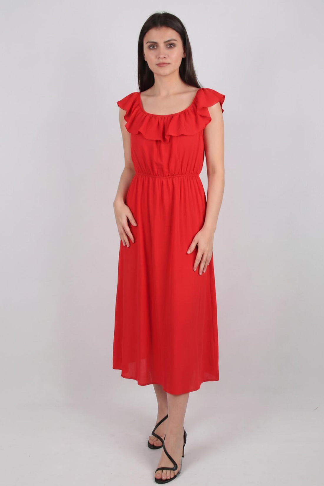 Rotes Bardot - Kleid Mit Rüschen