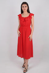 Rotes Bardot - Kleid Mit Rüschen