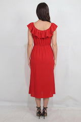 Rotes Bardot - Kleid Mit Rüschen