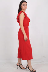 Rotes Bardot - Kleid Mit Rüschen