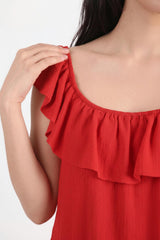 Rotes Bardot - Kleid Mit Rüschen