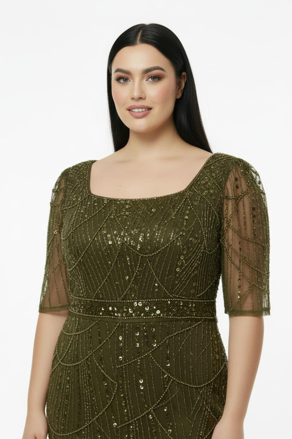 Abendkleid In Großen Größen, Langärmlig, Quadratischer Ausschnitt – Khaki