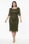 Plus - Size Long - Sleeve Square - Neck Sequin Evening Dress — Khaki