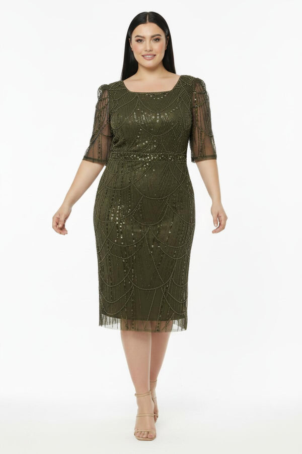 Abendkleid In Großen Größen, Langärmlig, Quadratischer Ausschnitt – Khaki
