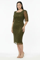 Büyük Beden Uzun Kol Kare Yaka Pullu Boncuklu Abiye  Haki