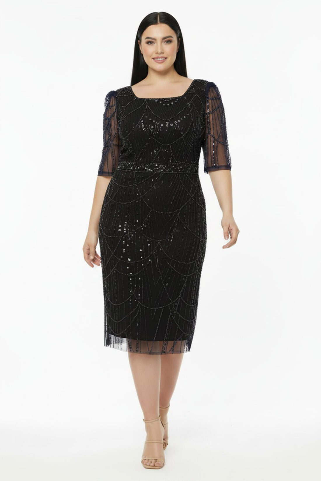 Robes De Soirée Grande Taille Manches Longues, Encolure Carrée, Sequins Et Perles — Noir