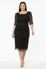 Robes De Soirée Grande Taille Manches Longues, Encolure Carrée, Sequins Et Perles — Noir