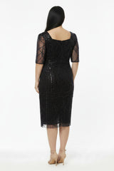 Robes De Soirée Grande Taille Manches Longues, Encolure Carrée, Sequins Et Perles — Noir