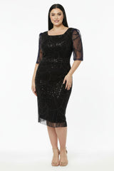 Robes De Soirée Grande Taille Manches Longues, Encolure Carrée, Sequins Et Perles — Noir