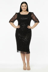 Robes De Soirée Grande Taille Manches Longues, Encolure Carrée, Sequins Et Perles — Noir