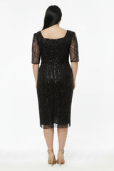 Robes De Soirée Grande Taille Manches Longues, Encolure Carrée, Sequins Et Perles — Noir