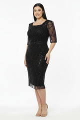 Robes De Soirée Grande Taille Manches Longues, Encolure Carrée, Sequins Et Perles — Noir