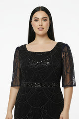 Robes De Soirée Grande Taille Manches Longues, Encolure Carrée, Sequins Et Perles — Noir