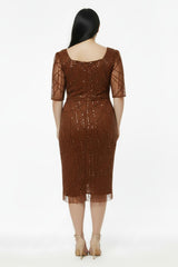 Robe De Soirée Grande Taille À Paillettes Et Perles, Manches Longues, Encolure Carrée — Marron