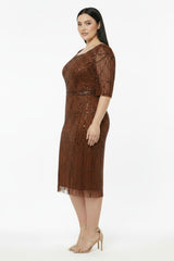 Robe De Soirée Grande Taille À Paillettes Et Perles, Manches Longues, Encolure Carrée — Marron