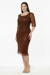 Robe De Soirée Grande Taille À Paillettes Et Perles, Manches Longues, Encolure Carrée — Marron