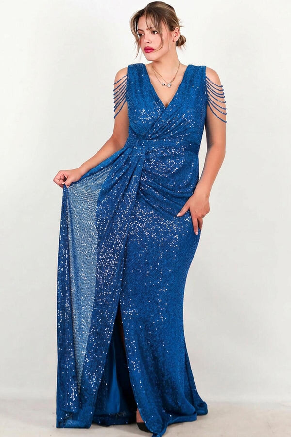Plus - Size Lange Paillettenjurk Met Schouderketting — Blauw