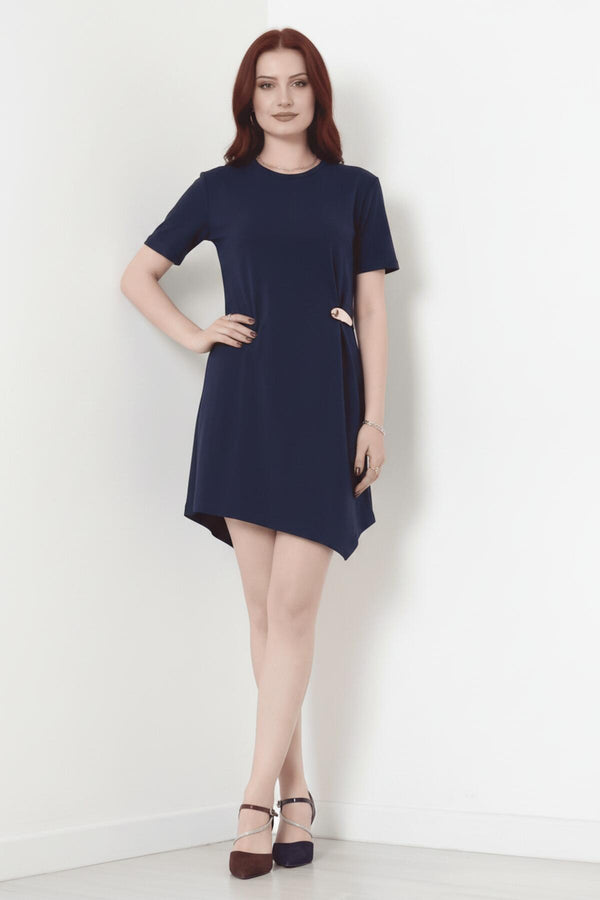 Korte Mouw Jurk Met Accessoire - Detail — Marineblauw