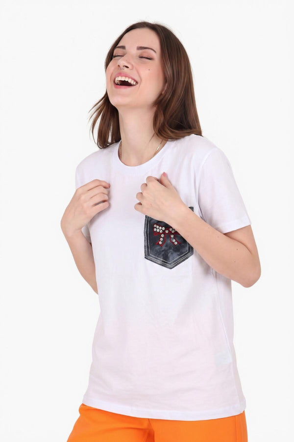 T‑Shirt Met Geborduurde Denimzak — Wit