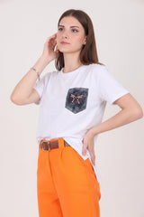 T‑Shirt Met Geborduurde Denimzak — Wit