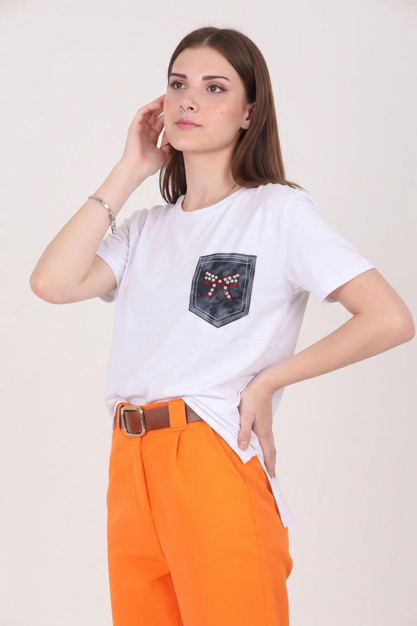 T‑Shirt Met Geborduurde Denimzak — Wit