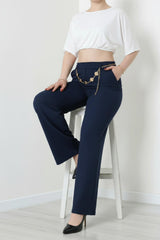 Wijde Broek Met Riemdetail — Marineblauw