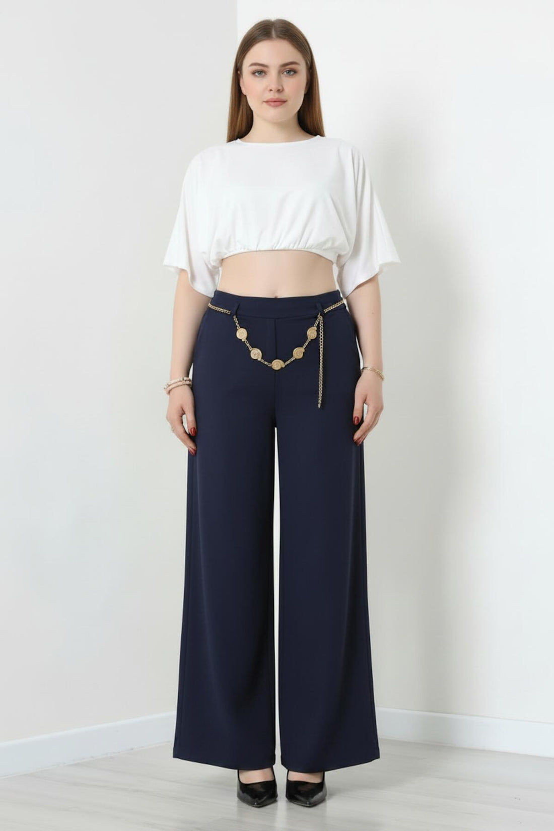 Wijde Broek Met Riemdetail — Marineblauw