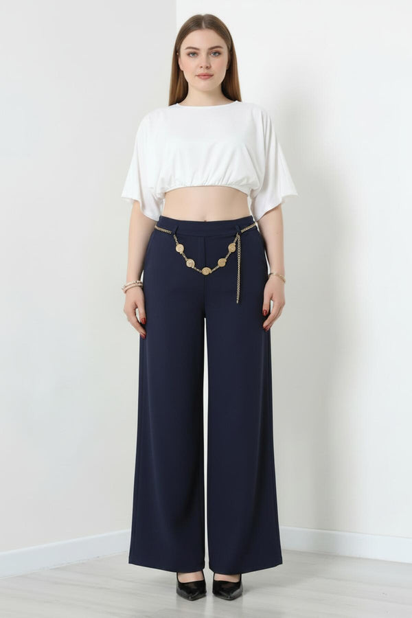 Wijde Broek Met Riemdetail — Marineblauw