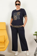 Plus‑Size Leopard‑Print Kort Mouw Set — Donkerblauw