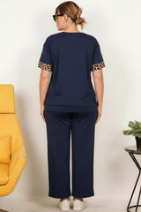 Plus‑Size Leopard‑Print Kort Mouw Set — Donkerblauw