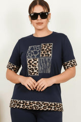 Plus‑Size Leopard‑Print Kort Mouw Set — Donkerblauw