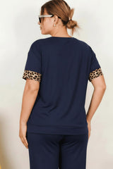 Plus‑Size Leopard‑Print Kort Mouw Set — Donkerblauw